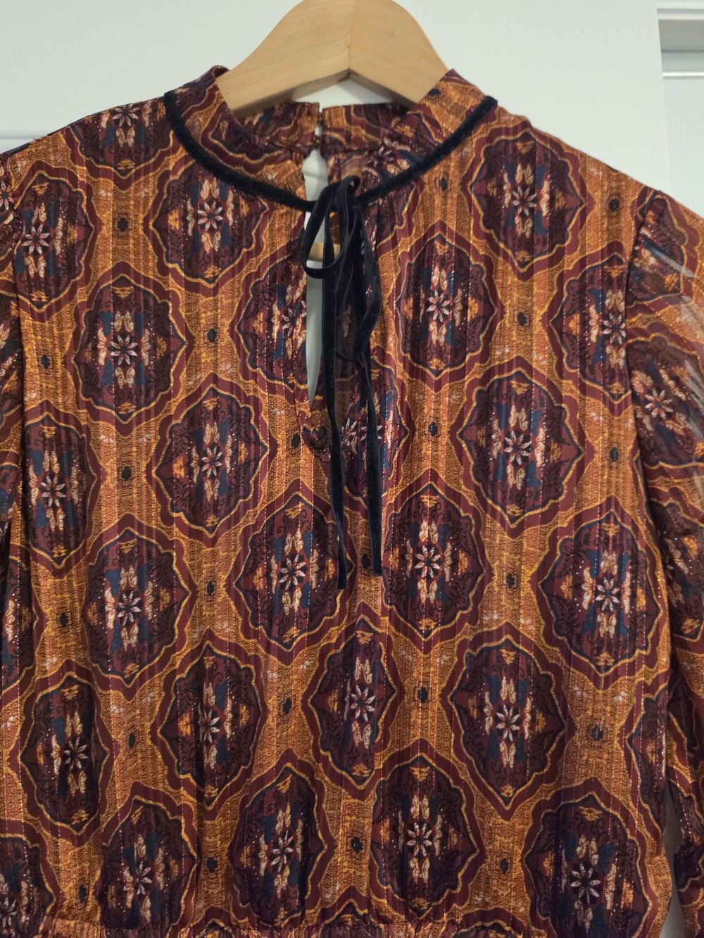Women's Long Sleeve Printed Rust and Plum Dress - Picture 2 of 8